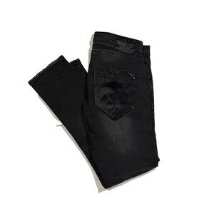 Smugglers Moon Y2K 36x32 Black Distressed Denim Jeans with Faux Fur Pocket